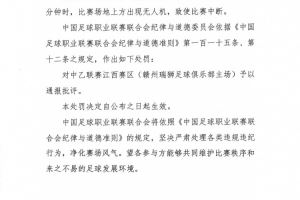 场地上方出现无人机致使比赛中断，赣州瑞狮主场被通报批评